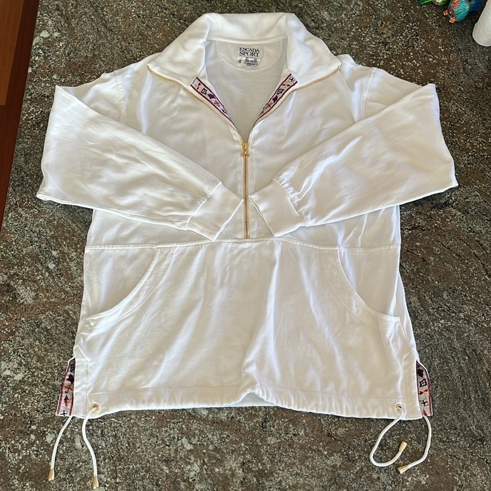 Escada Sport White Zip Up Pullover Sweatshirt Nautical Fisherman Preppy Sz M